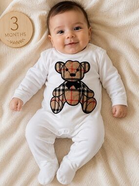 Burberry White Baby Romper with Tan Plaid Teddy Motif